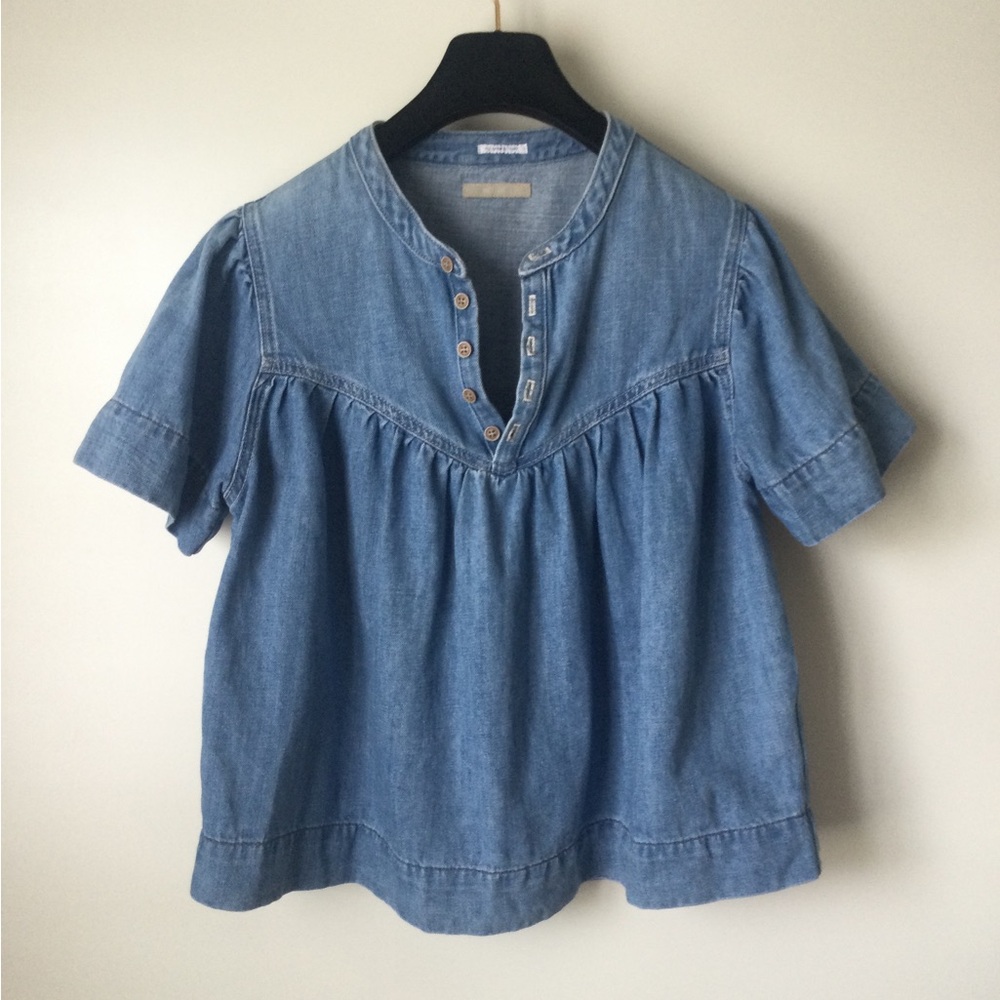 MOTHER Denim The Giggler Top Salt/Lime Blue Jean Button Babydoll S $255 - Picture 15 of 16